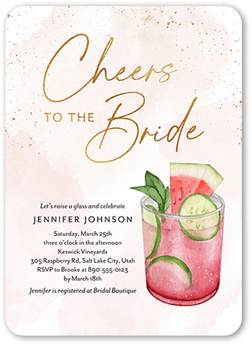 Cheers To The Bride Bridal Shower Invitation, Pink, 5x7 Flat, Pearl Shimmer Cardstock, Rounded