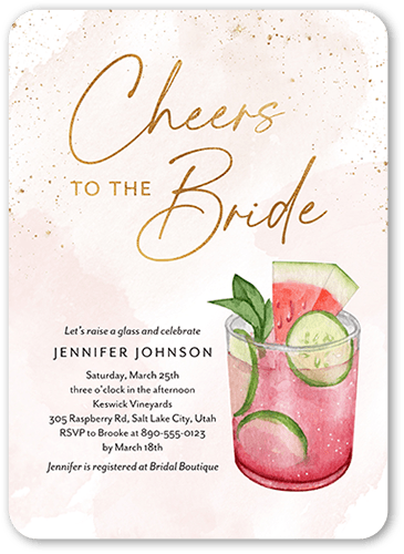 Cheers To The Bride Bridal Shower Invitation, Pink, 5x7 Flat, Pearl Shimmer Cardstock, Rounded, Bubblegum