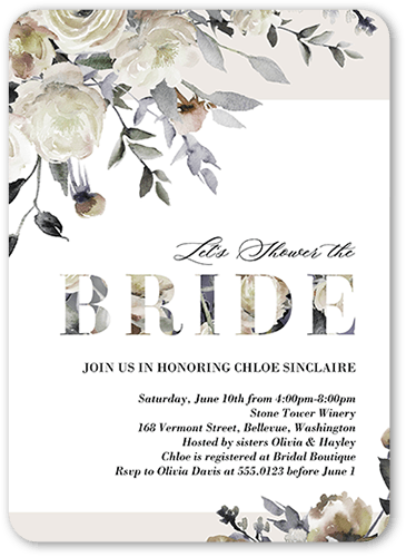 Floral Boughs Bridal Shower Invitation, White, 5x7 Flat, Standard Smooth Cardstock, Rounded, White