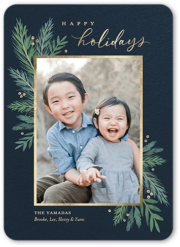 Winter Greens Holiday Card, Black, 5x7 Flat, Holiday, Standard Smooth Cardstock, Rounded