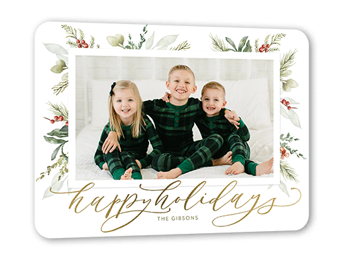 Magnificent Mistletoe Holiday Card, Gold Foil, White, 5x7, Holiday, Pearl Shimmer Cardstock, Rounded