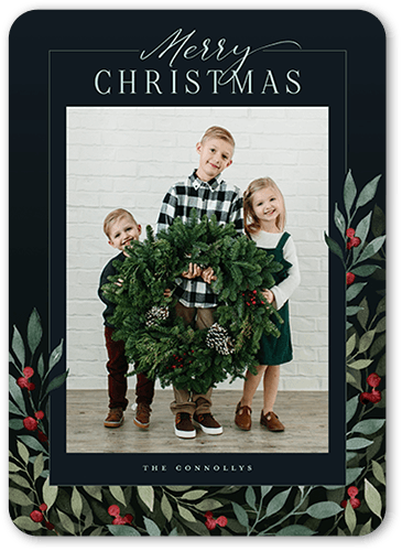 Beaming Berries Holiday Card, none, Black, 5x7 Flat, Christmas, 100% Recycled Cardstock , Rounded, Black