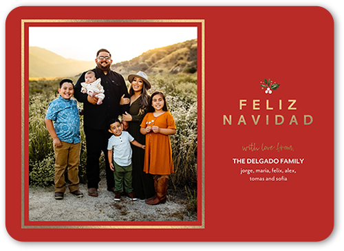 Sophisticated Sprig Holiday Card, Red, 5x7 Flat, Feliz Navidad, Pearl Shimmer Cardstock, Rounded