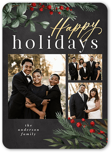 Sophisticated Berries Holiday Card, Grey, 5x7, Holiday, Pearl Shimmer Cardstock, Rounded