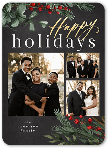 Sophisticated Berries Holiday Card, Grey, 5x7 Flat, Holiday, 100% Recycled Cardstock , Rounded