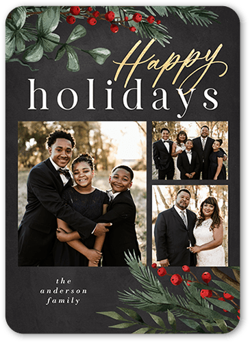 Sophisticated Berries Holiday Card, Grey, 5x7 Flat, Holiday, Standard Smooth Cardstock, Rounded