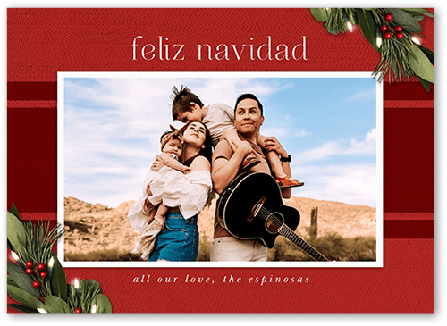 Striped Fabric and Holly Holiday Card, Red, 5x7 Flat, Feliz Navidad, 100% Recycled Cardstock , Square