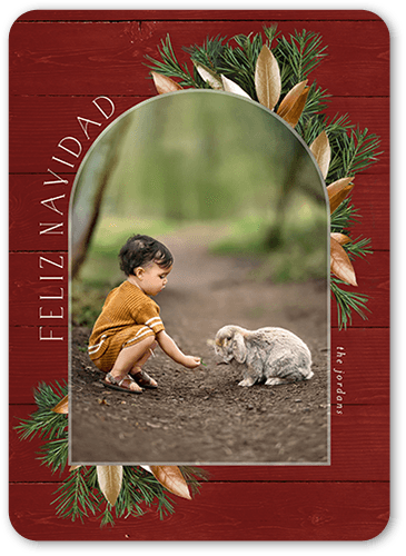 Floral Arched Frame Holiday Card, Red, 5x7 Flat, Feliz Navidad, Pearl Shimmer Cardstock, Rounded