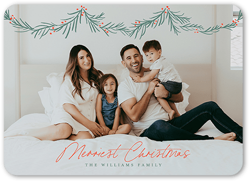 Holly Garland Holiday Card, Red, 5x7 Flat, Christmas, Pearl Shimmer Cardstock, Rounded, Tomato