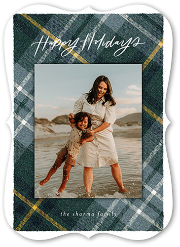 Plaid Photo Frame Holiday Card, Blue, 5x7 Flat, Holiday, Pearl Shimmer Cardstock, Bracket