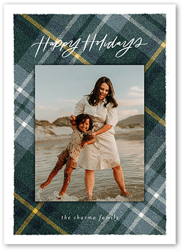 Plaid Photo Frame Holiday Card, Blue, 5x7, Holiday, Standard Smooth Cardstock, Square