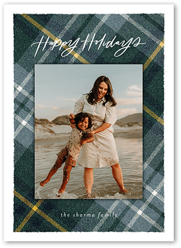 Plaid Photo Frame Holiday Card, Blue, 5x7 Flat, Holiday, 100% Recycled Cardstock , Square