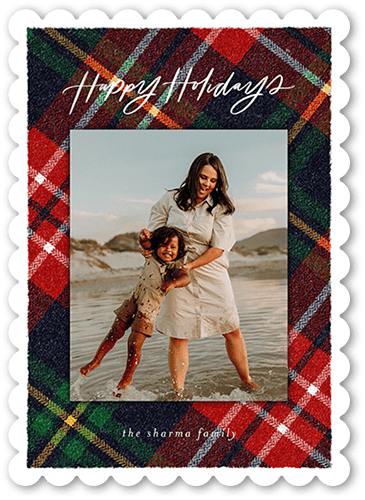 Plaid Photo Frame Holiday Card, Red, 5x7 Flat, Holiday, Pearl Shimmer Cardstock, Scallop