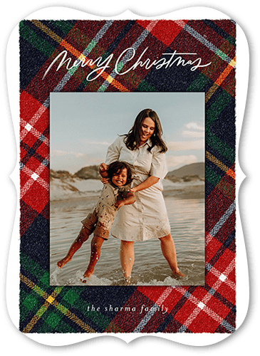 Plaid Photo Frame Holiday Card, Red, 5x7, Christmas, Pearl Shimmer Cardstock, Bracket