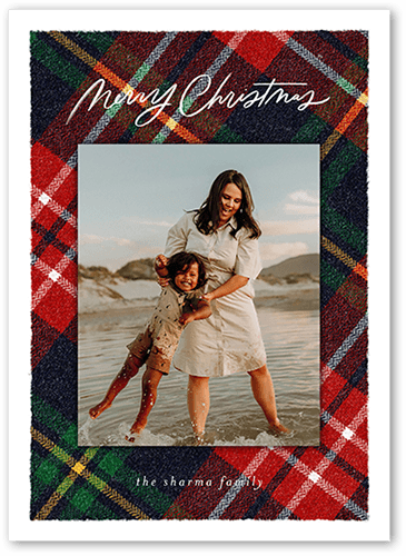 Plaid Photo Frame Holiday Card, Red, 5x7 Flat, Christmas, Pearl Shimmer Cardstock, Square