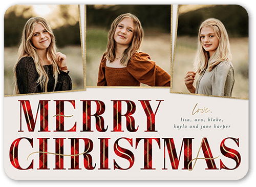 Art Deco Plaid Holiday Card, Red, 5x7 Flat, Christmas, 100% Recycled Cardstock , Rounded, Red