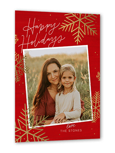 Rustic Foil Snowflakes Holiday Card, Red, Gold Foil, 5x7 Flat, Holiday, Luxe Double-Thick Cardstock, Square, Firecracker
