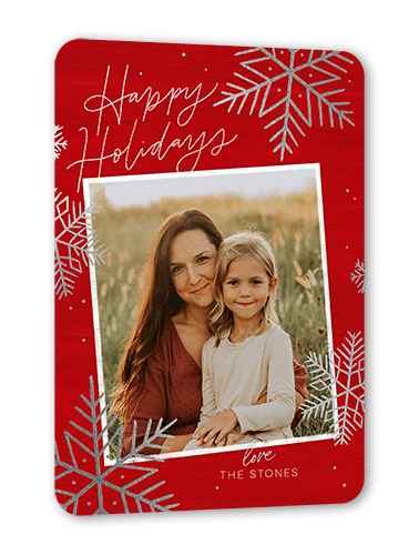 Rustic Foil Snowflakes Holiday Card, Red, Silver Foil, 5x7 Flat, Holiday, Matte, Signature Smooth Cardstock, Rounded, Firecracker