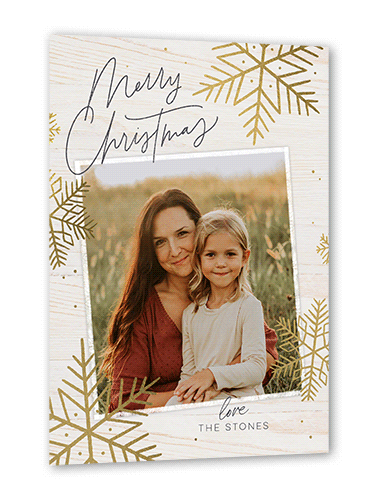 Rustic Foil Snowflakes Holiday Card, Beige, Gold Foil, 5x7 Flat, Christmas, Luxe Double-Thick Cardstock, Square, Antique White