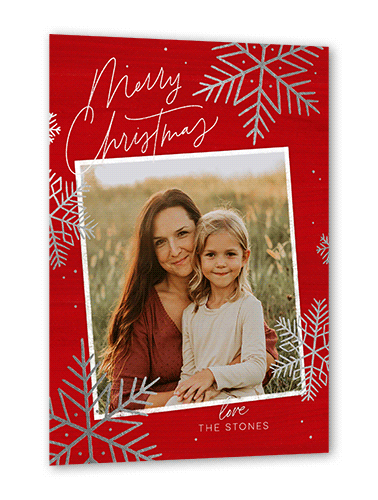 Rustic Foil Snowflakes Holiday Card, Red, Silver Foil, 5x7 Flat, Christmas, Pearl Shimmer Cardstock, Square, Firecracker