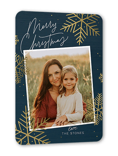 Rustic Foil Snowflakes Holiday Card, Blue, Gold Foil, 5x7 Flat, Christmas, Matte, Signature Smooth Cardstock, Rounded