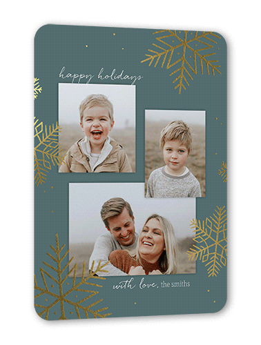 Shiny Snowfall Holiday Card, Gold Foil, Blue, 5x7 Flat, Holiday, Pearl Shimmer Cardstock, Rounded