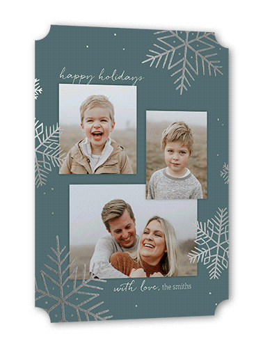 Shiny Snowfall Holiday Card, Blue, Silver Foil, 5x7 Flat, Holiday, Pearl Shimmer Cardstock, Ticket