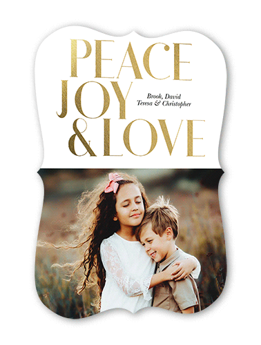 Joyous Love Holiday Card, Gold Foil, White, 5x7 Flat, Holiday, Pearl Shimmer Cardstock, Bracket