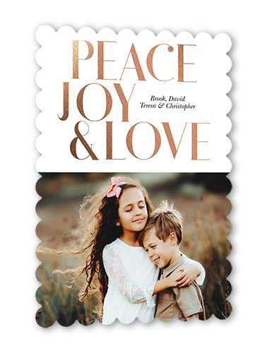 Joyous Love Holiday Card, White, Rose Gold Foil, 5x7 Flat, Holiday, Pearl Shimmer Cardstock, Scallop