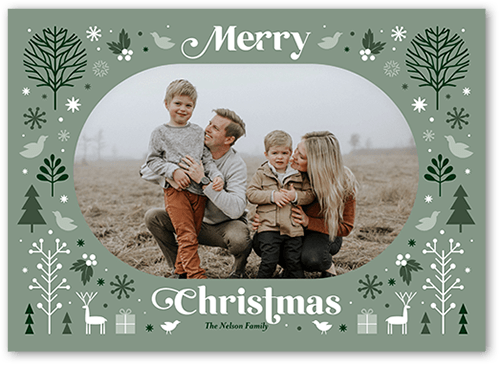 Retro Forest Holiday Card, Green, 5x7 Flat, Christmas, Pearl Shimmer Cardstock, Square