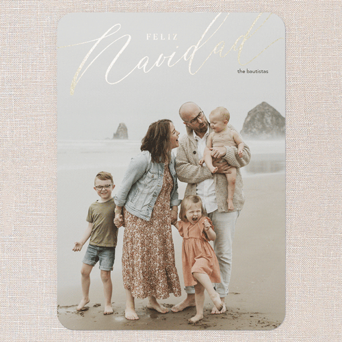 Foil Holiday Header Holiday Card, White, Gold Foil, 5x7 Flat, Feliz Navidad, Pearl Shimmer Cardstock, Rounded, White