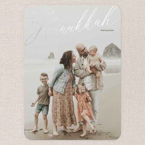 Foil Holiday Header Holiday Card, White, Silver Foil, 5x7 Flat, Hanukkah, Pearl Shimmer Cardstock, Rounded, White