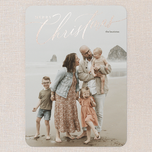 Foil Holiday Header Holiday Card, White, Rose Gold Foil, 5x7 Flat, Christmas, Pearl Shimmer Cardstock, Rounded, White