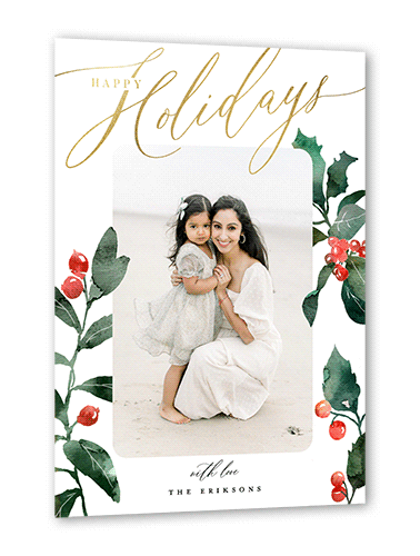 Foil Holly Border Holiday Card, Gold Foil, White, 5x7 Flat, Holiday, Matte, Signature Smooth Cardstock, Square
