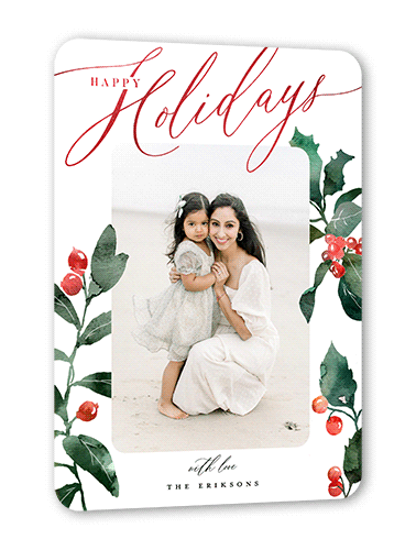 Foil Holly Border Holiday Card, White, Red Foil, 5x7 Flat, Holiday, Matte, Signature Smooth Cardstock, Rounded