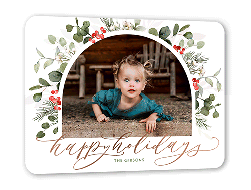Foil Botanical Arch Holiday Card, White, Rose Gold Foil, 5x7 Flat, Holiday, Pearl Shimmer Cardstock, Rounded