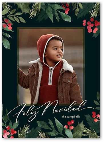 Fancy Garland Holiday Card, none, Green, 5x7 Flat, Feliz Navidad, Pearl Shimmer Cardstock, Square