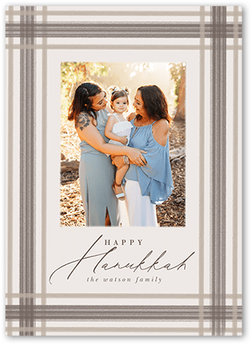 Brushed Plaid Border Holiday Card, Grey, 5x7 Flat, Hanukkah, Pearl Shimmer Cardstock, Square, Granite
