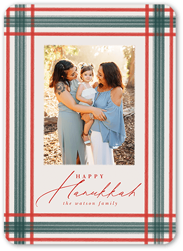 Brushed Plaid Border Holiday Card, Red, 5x7 Flat, Hanukkah, 100% Recycled Cardstock , Rounded