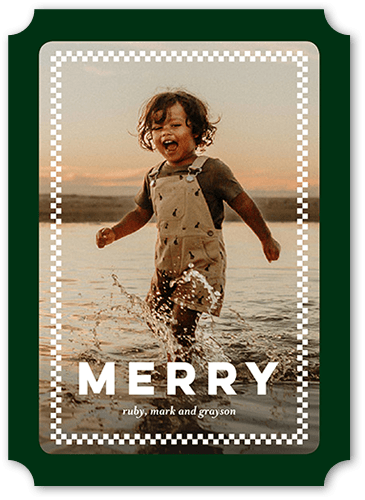 Customizable Checkered Border Holiday Card, Green, 5x7 Flat, Christmas, Pearl Shimmer Cardstock, Ticket