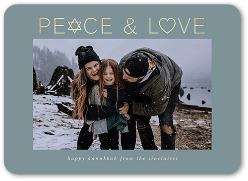 Peace Love Icons Holiday Card, Blue, 5x7 Flat, Hanukkah, Pearl Shimmer Cardstock, Rounded