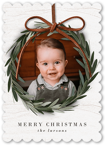 Joyful Rustic Wreath Holiday Card, Beige, 5x7 Flat, Christmas, Matte, Signature Smooth Cardstock, Scallop