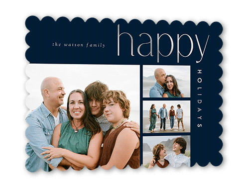Contemporary Foil Stamped Holiday Card, Blue, Silver Foil, 5x7, Holiday, Pearl Shimmer Cardstock, Scallop