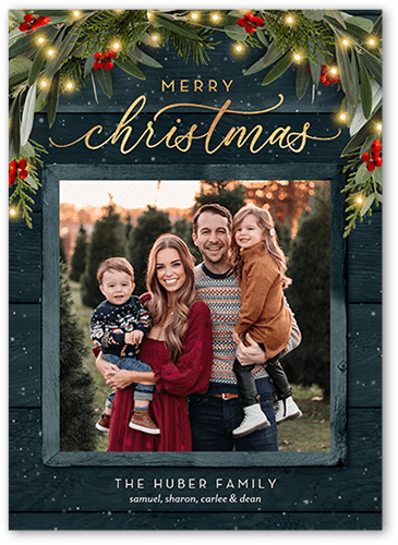 Wreath Topped Holiday Card, Blue, 5x7 Flat, Christmas, Standard Smooth Cardstock, Square