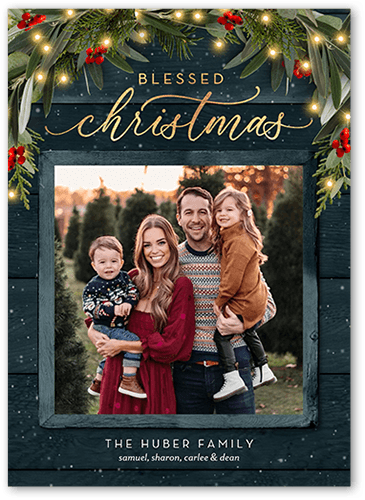 Wreath Topped Holiday Card, Blue, 5x7 Flat, Religious, 100% Recycled Cardstock , Square, Blue Suede