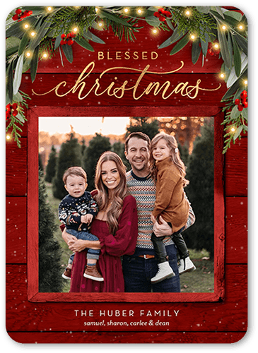 Wreath Topped Holiday Card, Red, 5x7 Flat, Religious, 100% Recycled Cardstock , Rounded