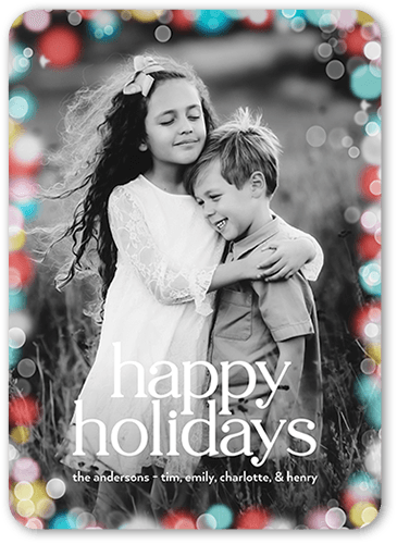 Confetti Bokeh Holiday Card, Red, none, 5x7 Flat, Holiday, 100% Recycled Cardstock , Rounded