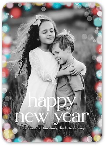 Confetti Bokeh Holiday Card, none, Red, 5x7 Flat, New Year, Standard Smooth Cardstock, Rounded, Bright Coral