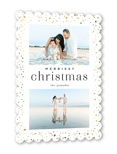 Modern Foil Border Holiday Card, Gold Foil, White, 5x7, Christmas, Pearl Shimmer Cardstock, Scallop
