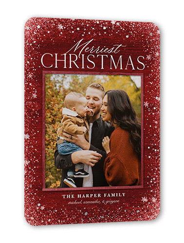 Snowflake Foil Stamped Holiday Card, Red, Silver Foil, 5x7 Flat, Christmas, Pearl Shimmer Cardstock, Rounded